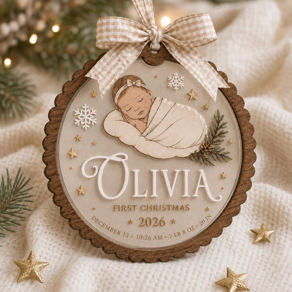 Personalized Baby First Christmas Ornament, Custom Photo Birth Stats Keepsake, Wood Acrylic 2026