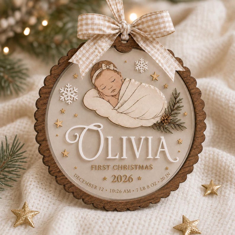 Personalized Baby First Christmas Ornament, Custom Photo Birth Stats Keepsake, Wood Acrylic 2026