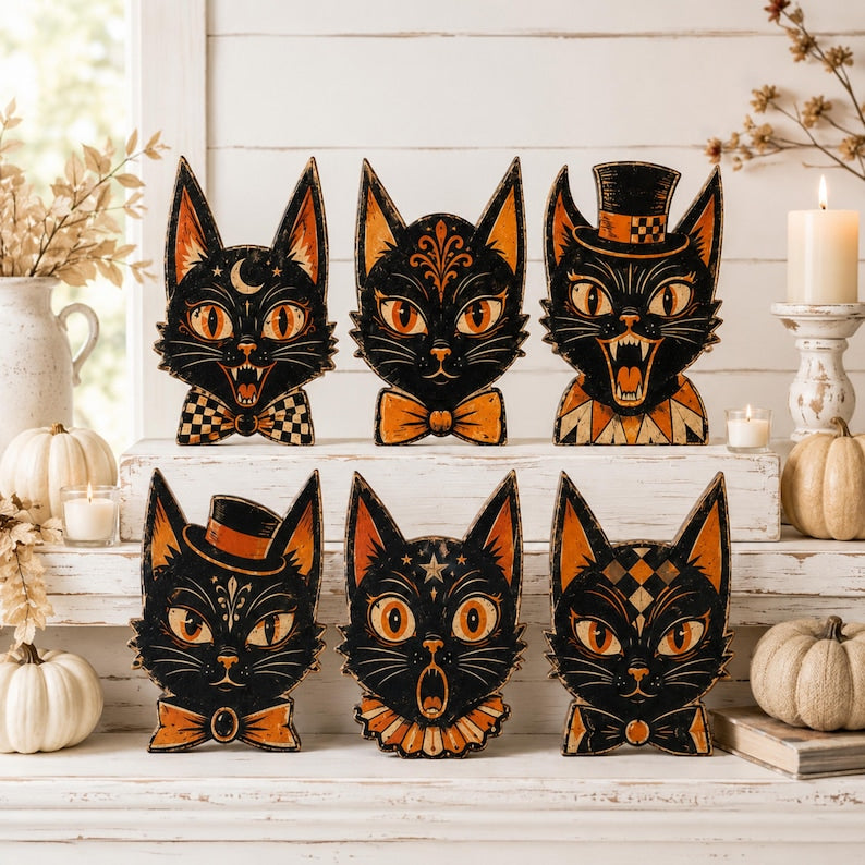 Set of 6 Halloween Black Cat Coffin Decorations, Spooky Gothic Shelf Sitters