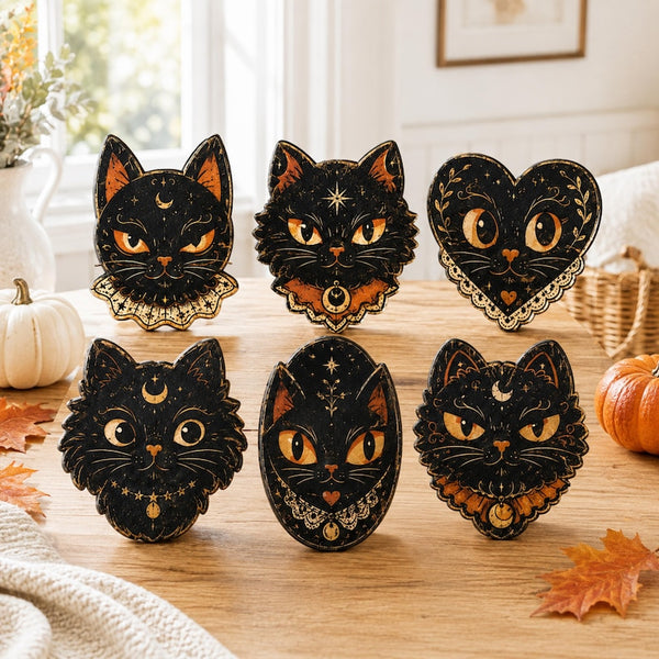 Black Cat Halloween Shelf Sitters, Gothic Celestial Moon Stars Decor
