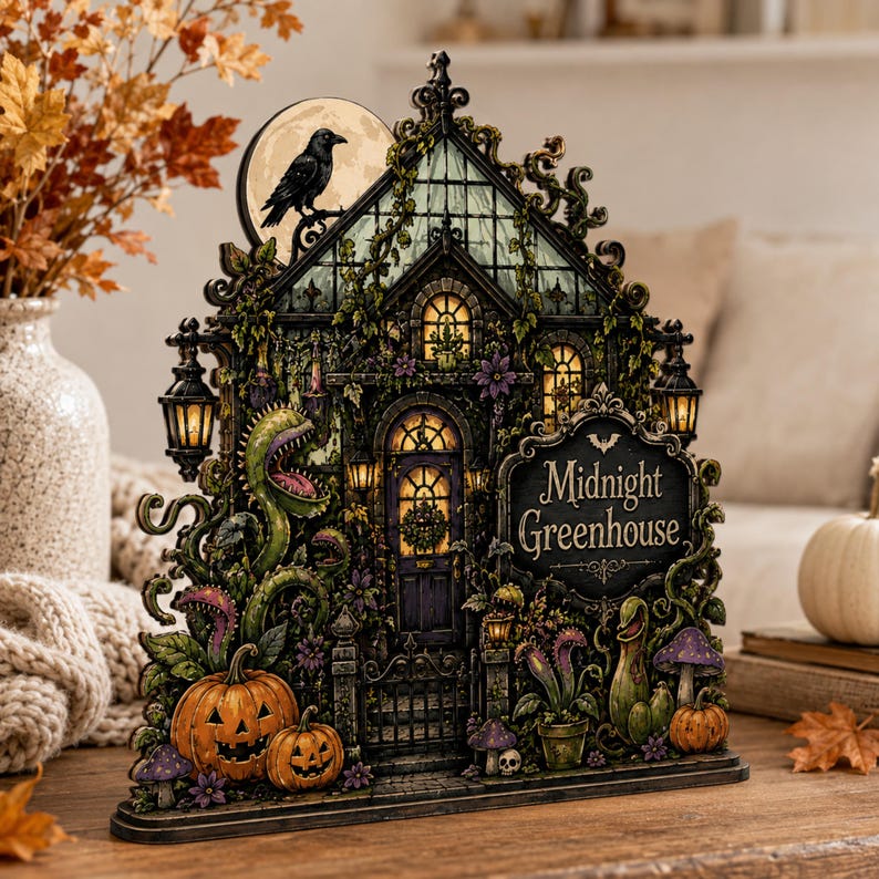 Midnight Greenhouse Halloween Decor, Gothic Botanical Shelf Sitter, Spooky Plant Sign