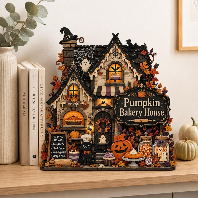 Spooky Pumpkin Bakery House Halloween Decor, Black Cat Ghost Fall Sign