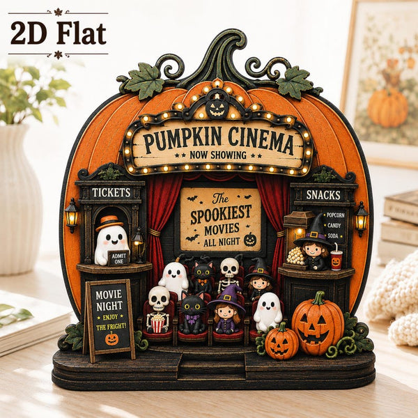 2D Flat Pumpkin Cinema Halloween Decor, Spooky Movie Theater Tabletop Sign