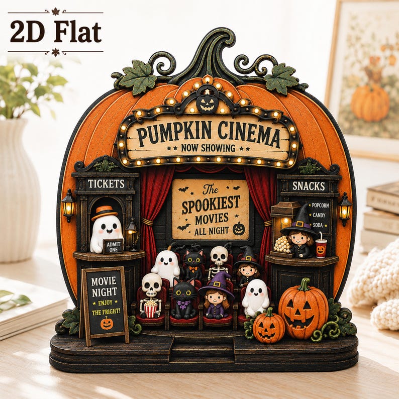 2D Flat Pumpkin Cinema Halloween Decor, Spooky Movie Theater Tabletop Sign