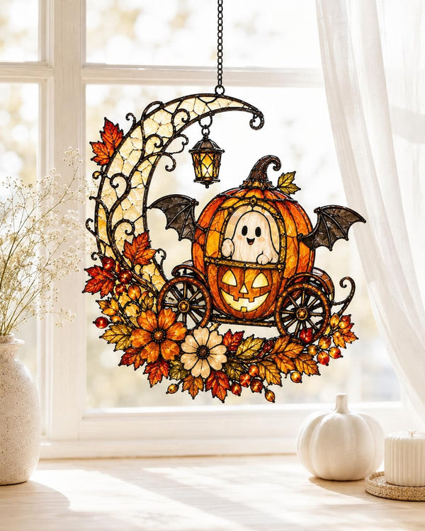 Ghost Pumpkin Carriage Acrylic Suncatcher, Halloween Moon Fall Decor, Bat Wings Lantern