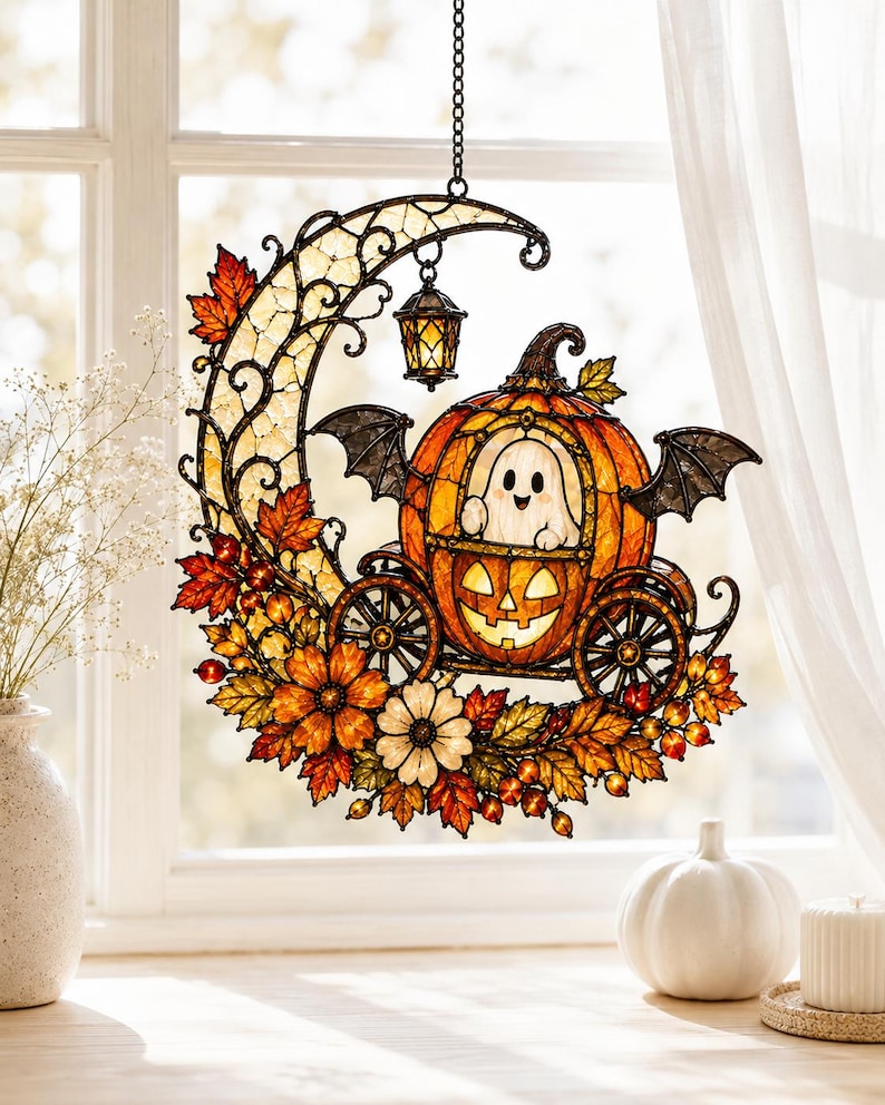 Ghost Pumpkin Carriage Acrylic Suncatcher, Halloween Moon Fall Decor, Bat Wings Lantern