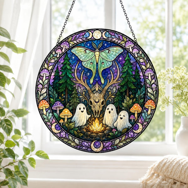 Luna Moth Ghost Campfire Acrylic Suncatcher, Deer Skull Woodland Halloween Decor