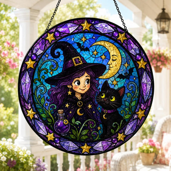Purple Witch Black Cat Suncatcher, Celestial Moon Acrylic Window Hanging, Halloween Decor