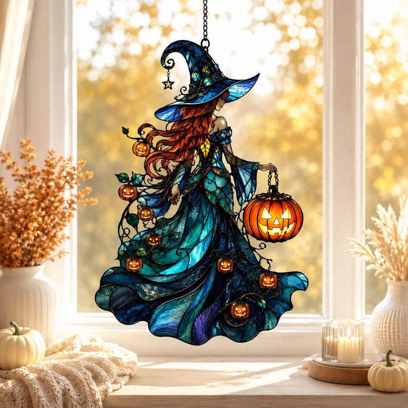 Personalized Halloween Witch Suncatcher, Custom Name Acrylic Ornament, Spooky Season Decor