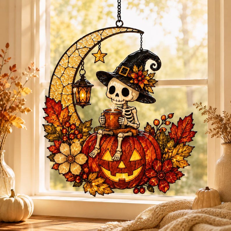 Skeleton Witch Pumpkin Suncatcher, Faux Stained Glass Window Hanging (Acrylic)