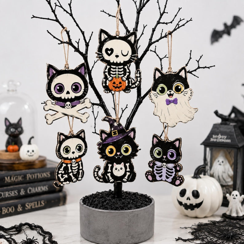 Halloween Cat Ornaments, Skeleton Ghost Witch Feline Hanging Decor Set