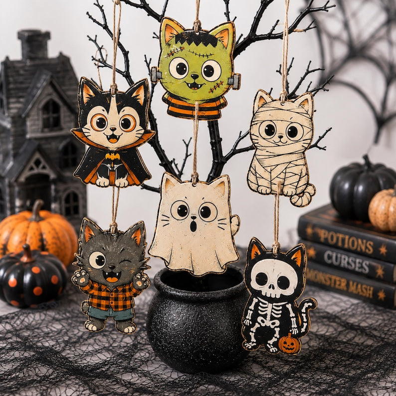 Halloween Cat Ornaments Set, Vampire Monster Mummy Ghost Werewolf Skeleton Wood Decor