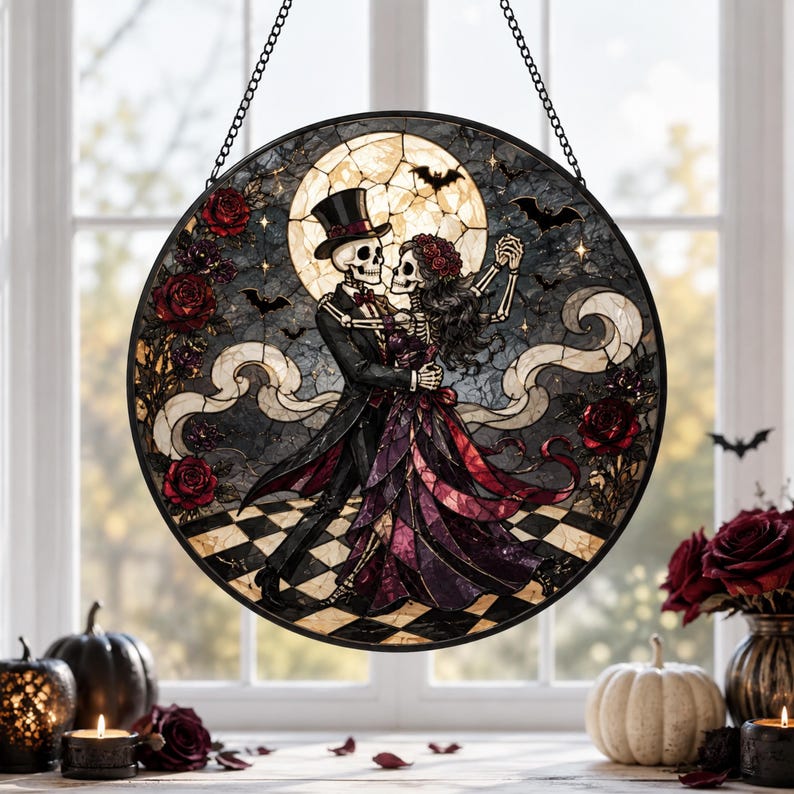 Skeleton Couple Dancing Acrylic Suncatcher, Gothic Wedding Window Hanging, Till Death Do Us Part Decor, Halloween Anniversary Gift