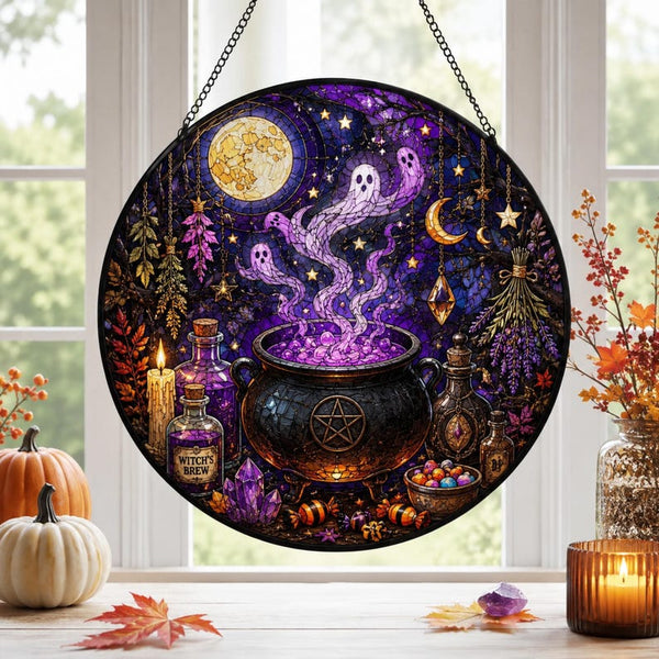 Witch's Brew Cauldron Suncatcher, Purple Potion Ghosts, Moonlit Halloween Decor