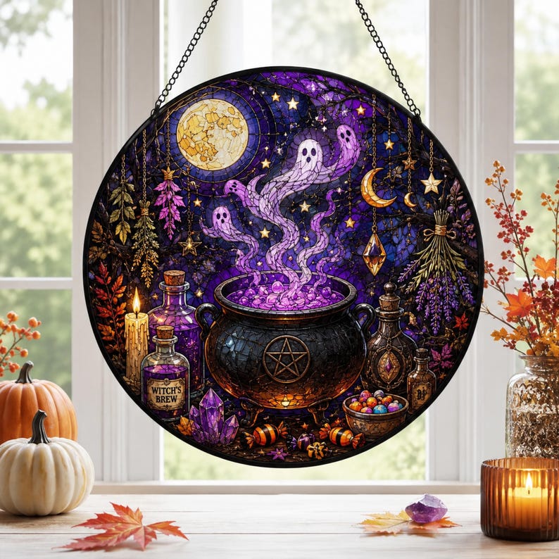 Witch's Brew Cauldron Suncatcher, Purple Potion Ghosts, Moonlit Halloween Decor