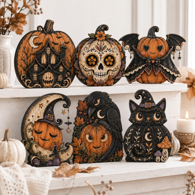 Halloween Wooden Decor, Pumpkin Shelf Sitter, Black Cat Witch, Raven Plaque, Bat Skull Fall Tabletop