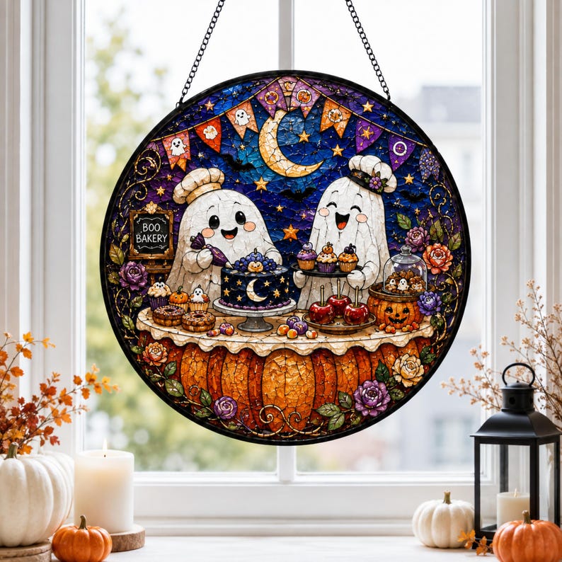 Boo Bakery Ghost Acrylic Suncatcher, Halloween Baking Window Decor, Spooky Kitchen Hanging