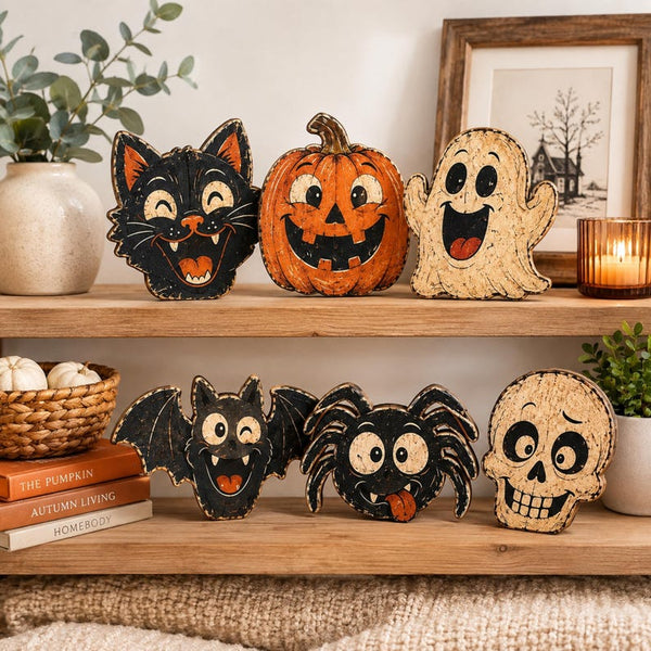 Halloween Shelf Sitter Set, Black Cat Pumpkin Ghost Bat Spider Skull Decor