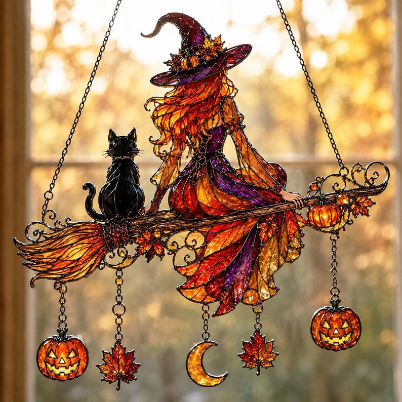 Witch Black Cat Broom Acrylic Suncatcher, Halloween Autumn Window Ornament