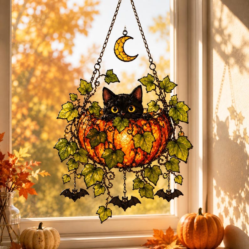 Halloween Black Cat Pumpkin Acrylic Window Hanging, Bat Vine Decor
