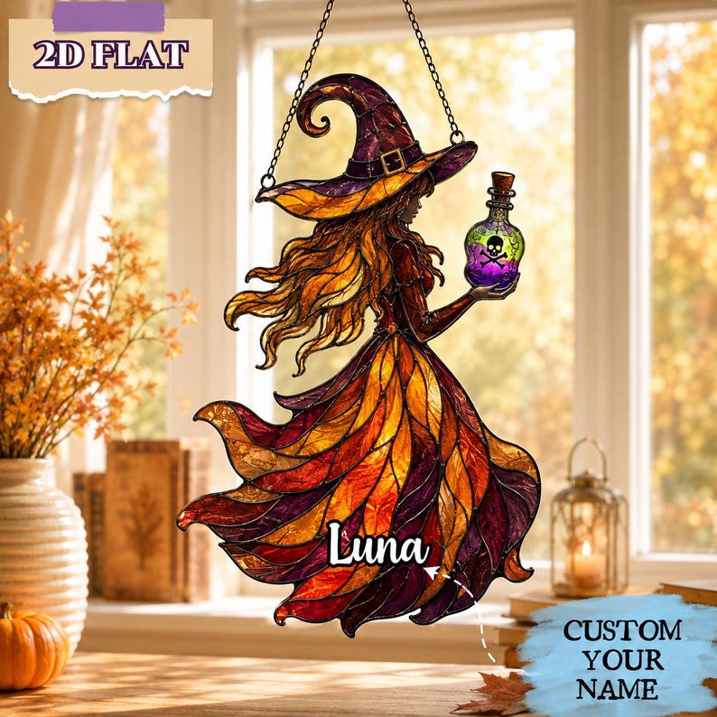 Halloween Witch Acrylic Suncatcher, Spooky Window Hanging Decor, UV Printed, Custom Name Option