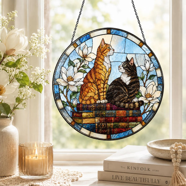 Cats and Magnolia Acrylic Suncatcher, Bookish Window Hanging, Literary Decor