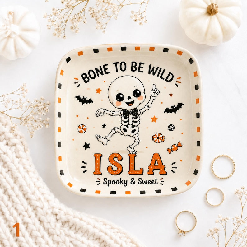 Personalized Skeleton Halloween Ceramic Tray, Custom Name Ring Dish, Spooky Decor