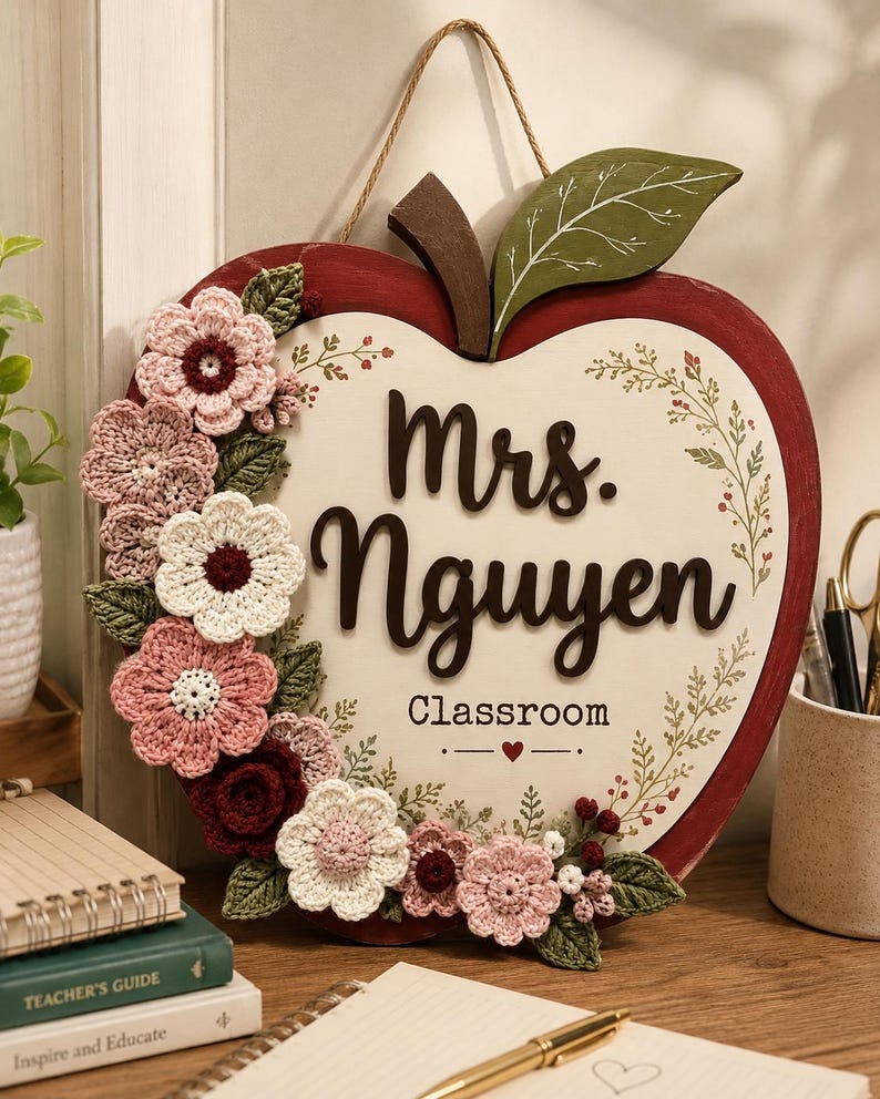 Personalized Apple Teacher Door Sign, Floral Classroom Decor, Wooden Name Sign