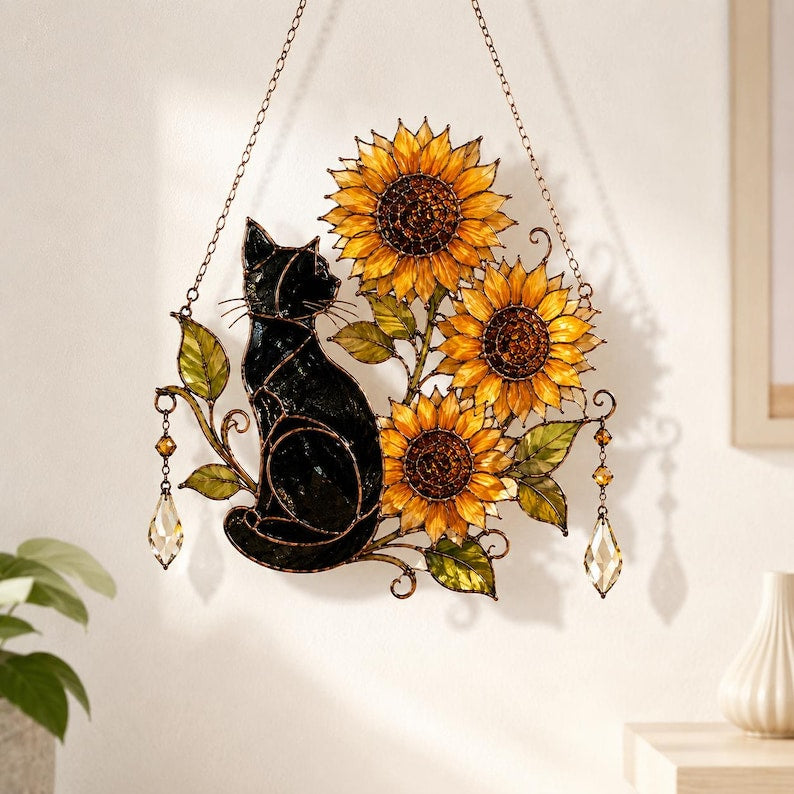 Black Cat Sunflower Suncatcher, Acrylic Window Hanging, Floral Cat Decor