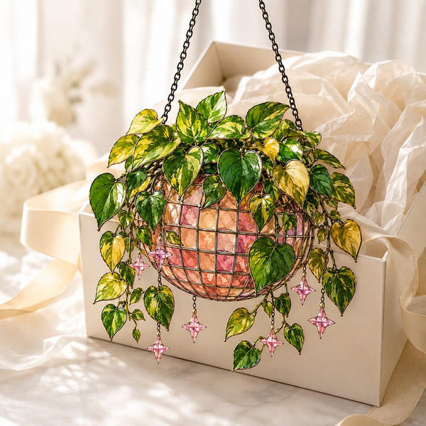 Pothos Acrylic Suncatcher, Pink Disco Ball Plant Decor, Botanical Window Hanging