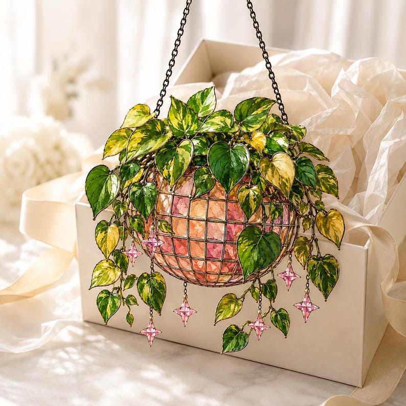 Pothos Acrylic Suncatcher, Pink Disco Ball Plant Decor, Botanical Window Hanging