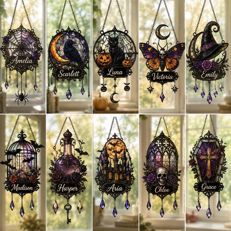 Personalized Gothic Acrylic Suncatcher, Witchy Halloween Window Hanging (Custom Name)