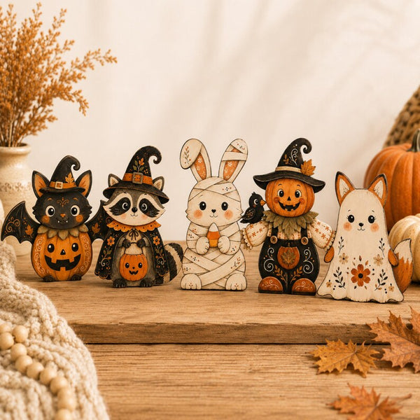 Halloween Ornament , Wooden Halloween Characters, Cute Fall Tabletop Decor, Pumpkin Witch Ghost Bunny Raccoon Bat Set