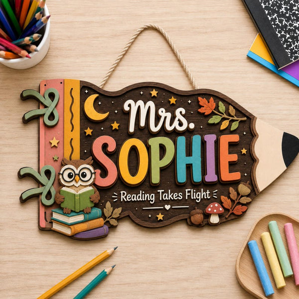 Personalized Reading Teacher Pencil Sign, Owl Classroom Decor, Back to School Name Sign