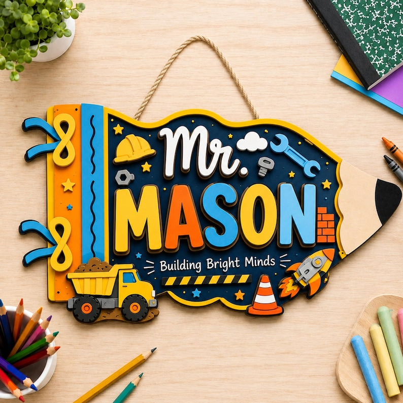 Personalized Construction Teacher Pencil Sign, Building Bright Minds Classroom Decor