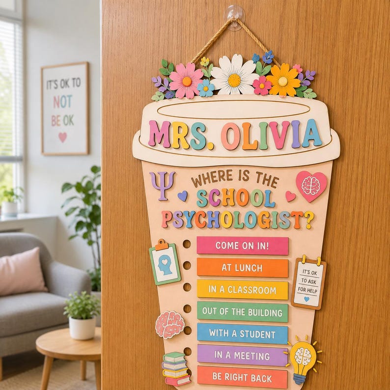 Psychologist Door Sign, Personalized Teacher Office Door Sign Interchangeable Wood Status Tracker Clinic Plaque, School Status Banner