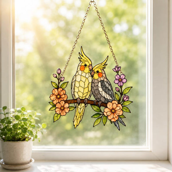 Cockatiel Couple Acrylic Suncatcher, Floral Parrot Window Hanging, Bird Lover Gift