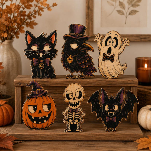 Halloween Shelf Sitter Collection, Black Cat, Raven, Ghost, Pumpkin, Skeleton, Bat Decor