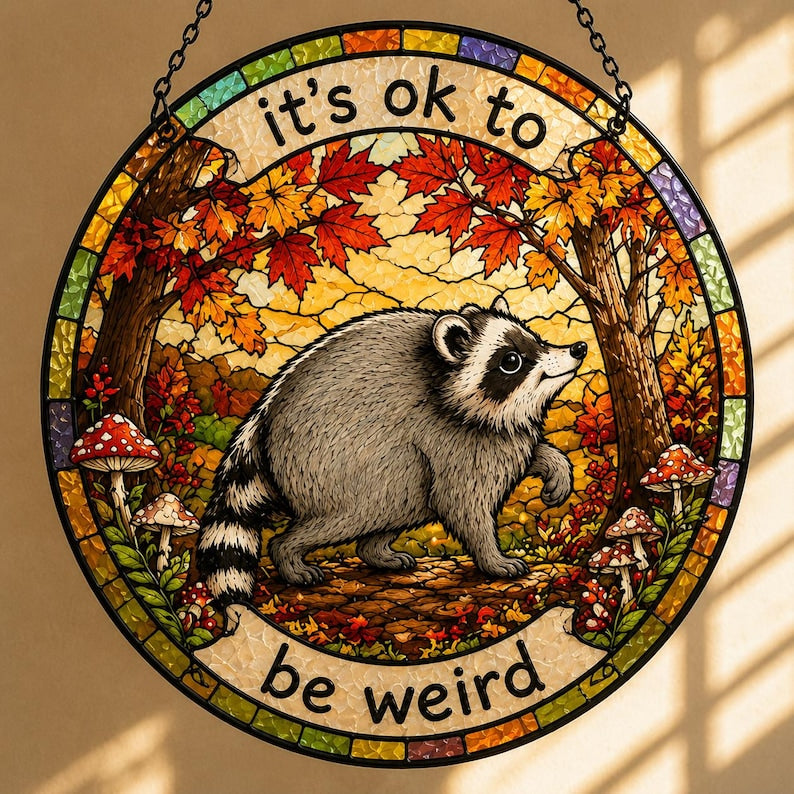 Raccoon Stained Glass Suncatcher, Woodland Animal Window Hanging, Quirky Home Decor