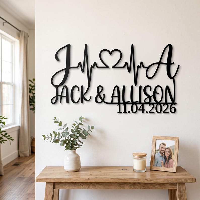 Personalized Metal Heartbeat Sign, Custom Couple Names, Anniversary Wedding Gift