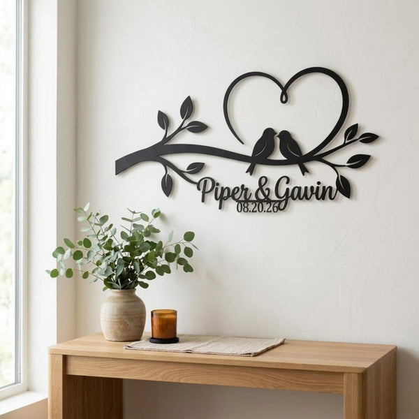 Personalized Love Birds Metal Sign, Custom Couple Name Sign, Wedding Gift for Couple, Anniversary Gift, Heart Wall Decor, Custom Date Sign