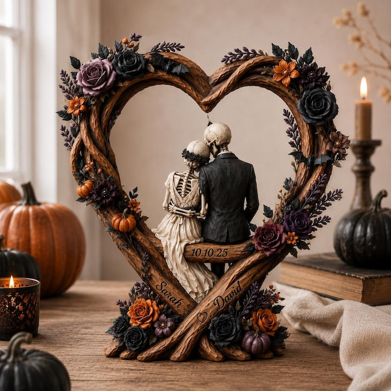 Custom Name Wedding Keepsake, Personalized Gothic Skeleton Couple Wooden Block, Custom Halloween Wedding Keepsake, Anniversary Gift